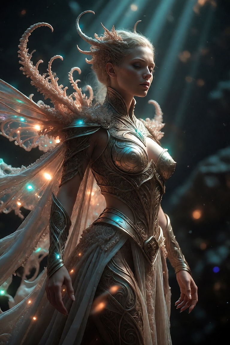 A celestial sovereign stands in majestic repose,  her form a symphony of ornate silver armor forged from liquid light and...