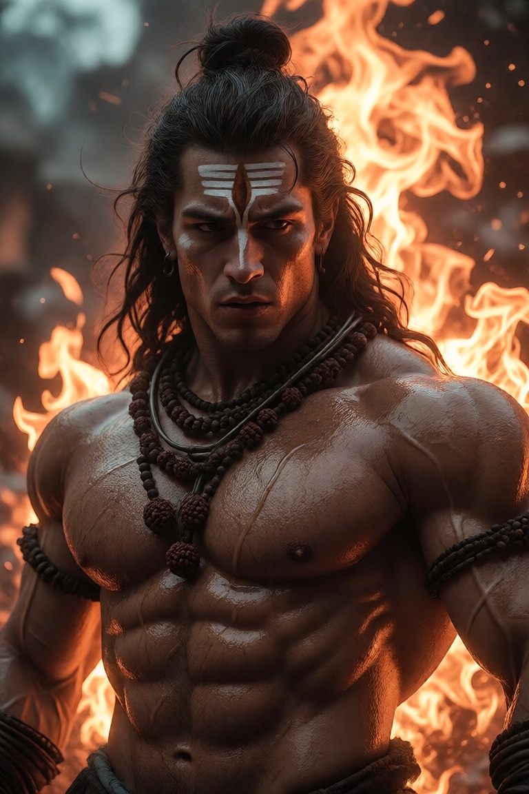 A divine warrior emerges from the heart of a roaring inferno,  his chiseled torso glistening with sacred ash and sweat,  e...