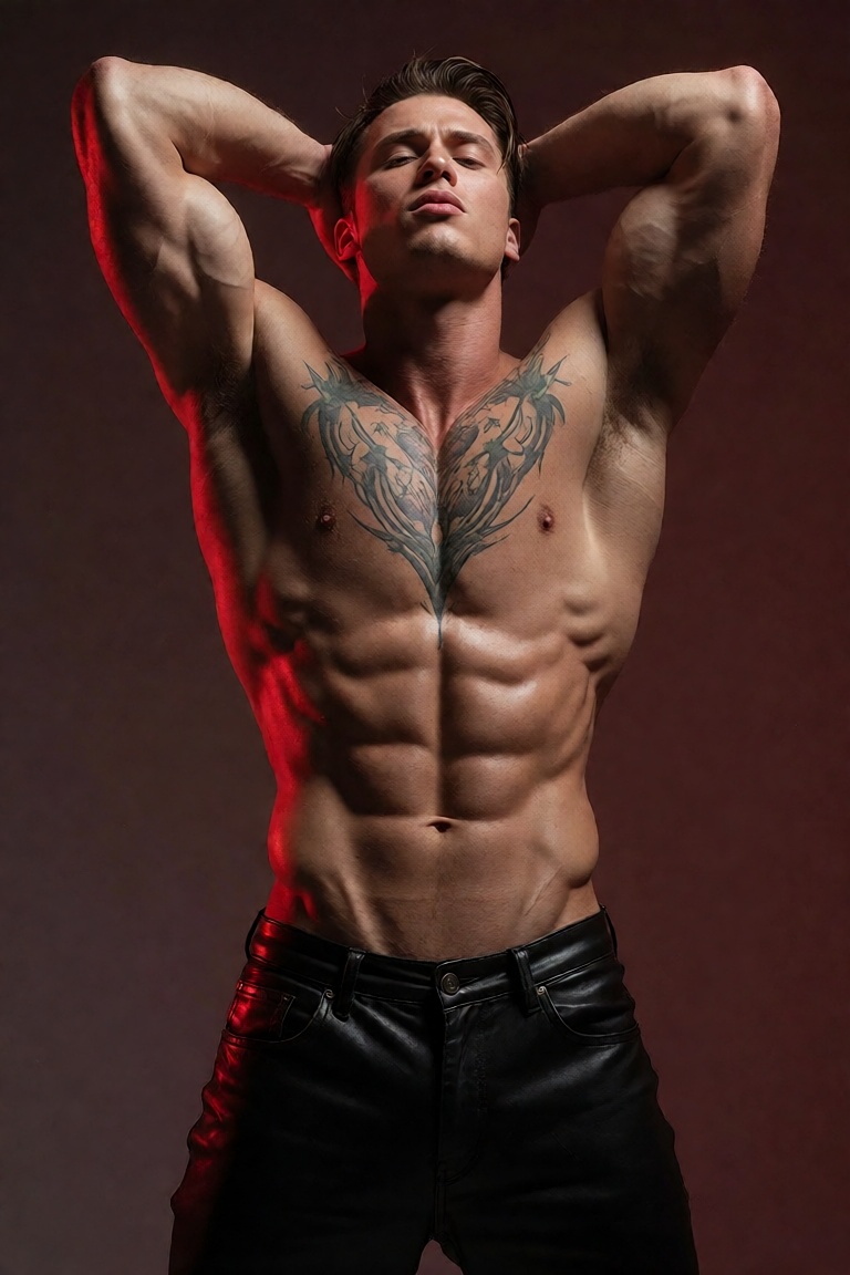 The image depicts a muscular individual with a well-defined physique,  standing against a dark red background. The person...
