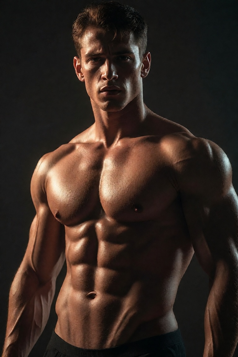 A chiseled,  hyper-realistic male figure stands in commanding stillness against a deep,  velvety charcoal void—his body a...