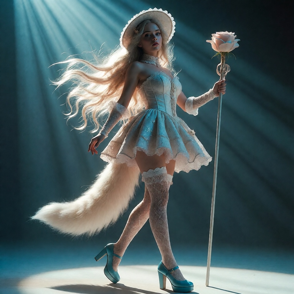A breathtakingly ethereal young woman stands poised in mid-motion,  her long,  radiant platinum-blonde hair cascading like...
