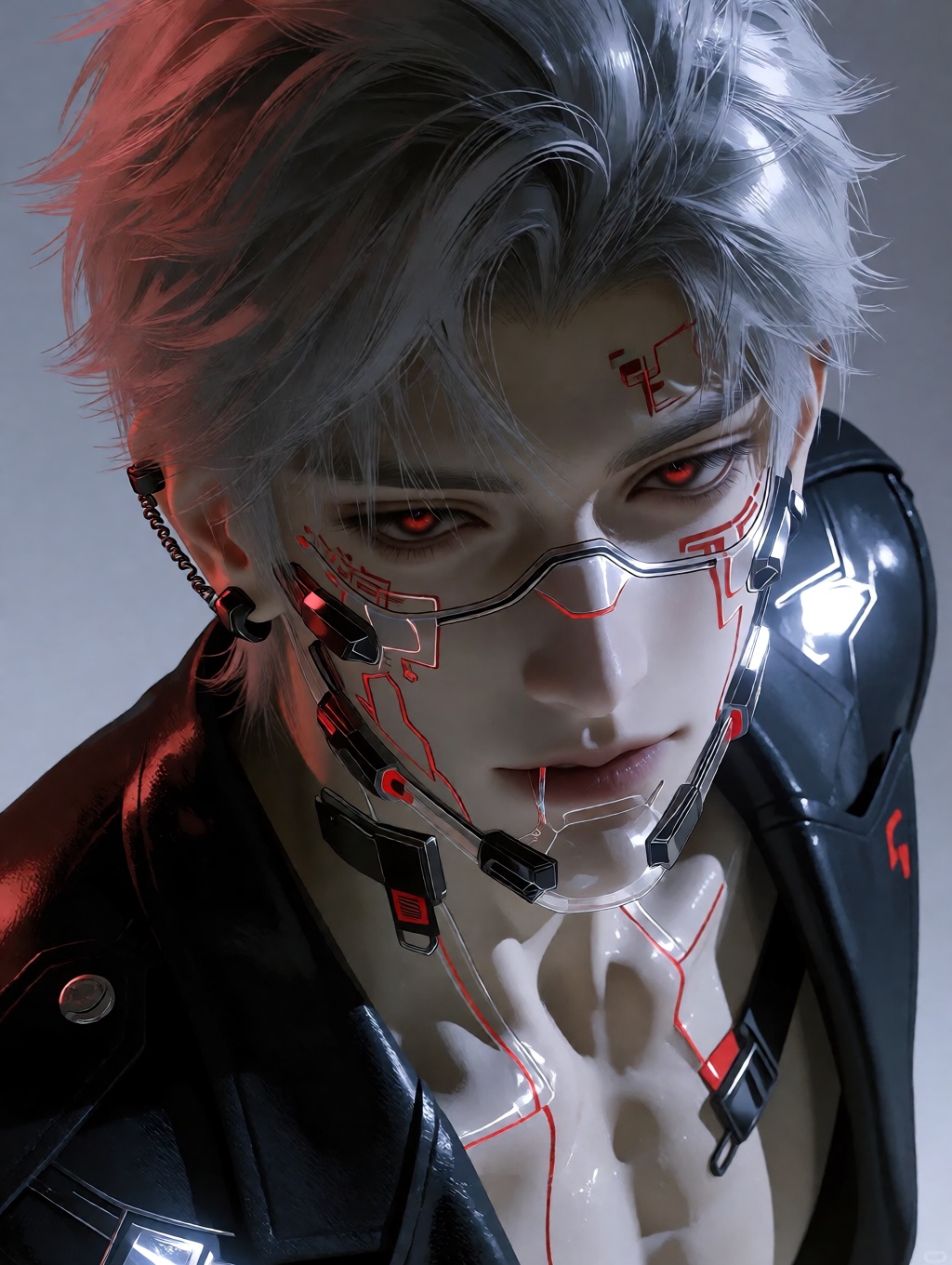 来自《恋与深空》的秦彻。A solitary figure,  a male cyborg with perfectly formed anatomy and a strong sense of presence,  stands in the...
