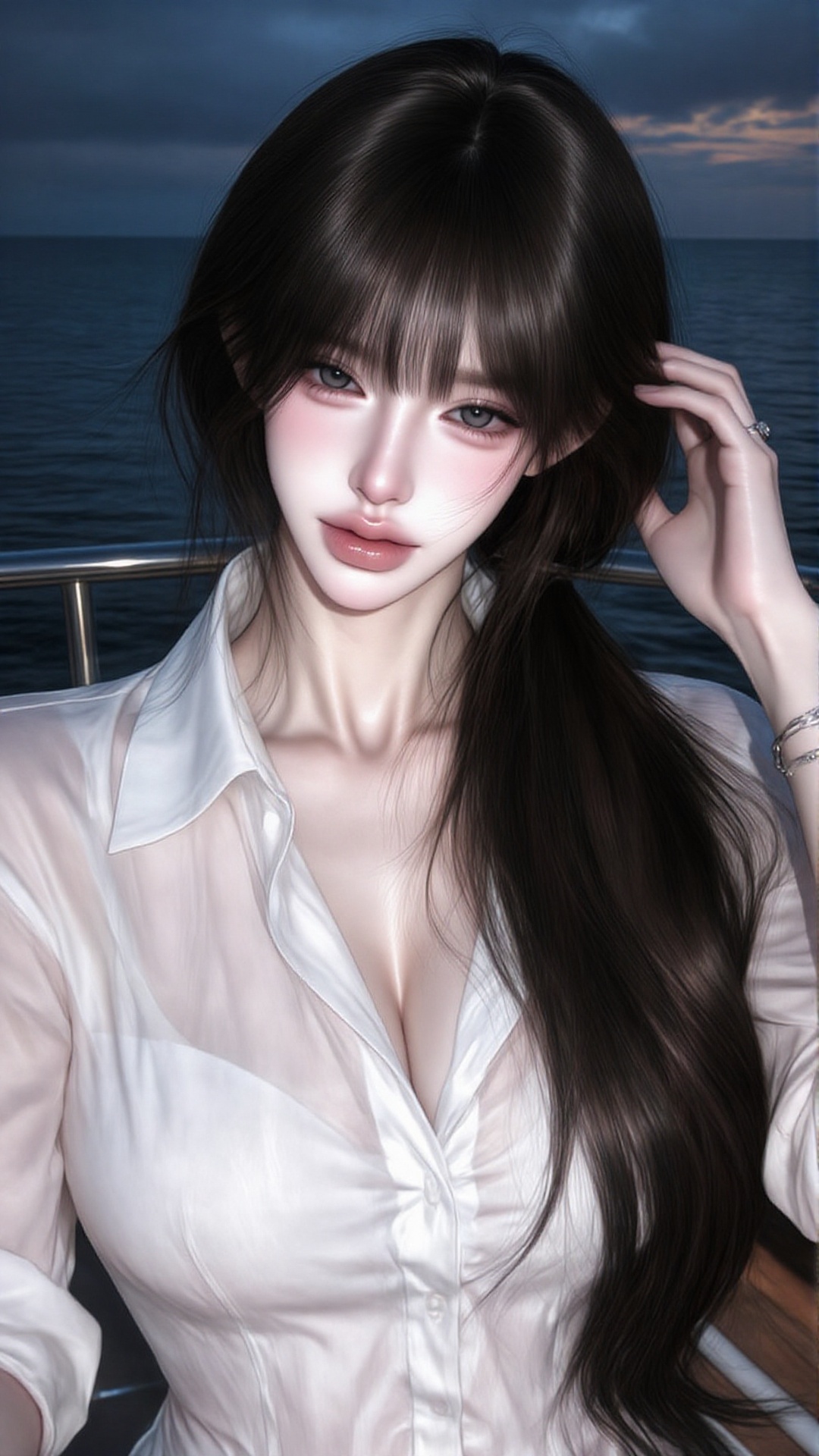 Ultra-realistic cinematic portrait of a beautiful young woman with long silky dark brown hair tied loosely into a low side...