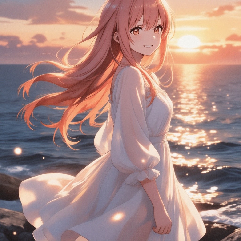 A cute anime girl standing by the ocean during sunset,  flowing white dress illuminated by golden sunlight,  long peach-co...