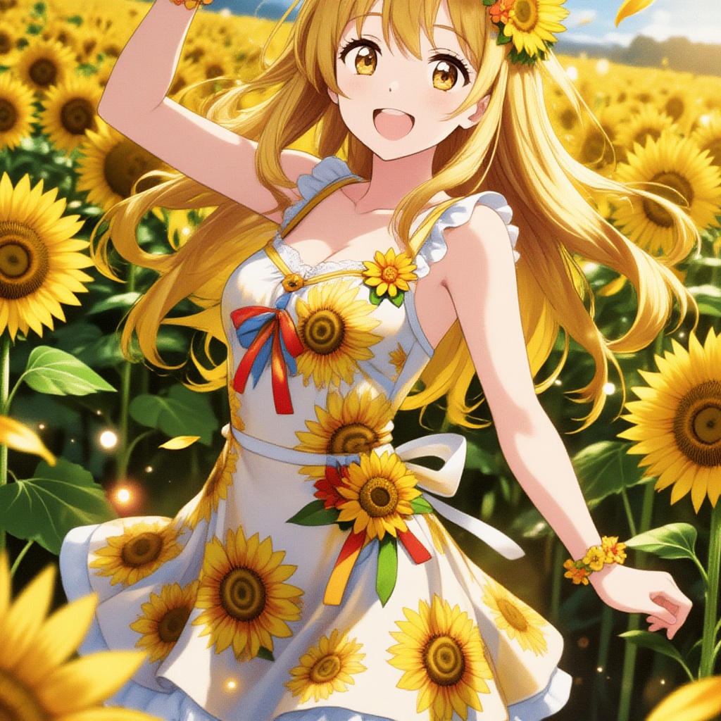 A cute anime girl standing in the middle of a vast sunflower field,  wearing a sunflower-inspired summer dress with ribbon...