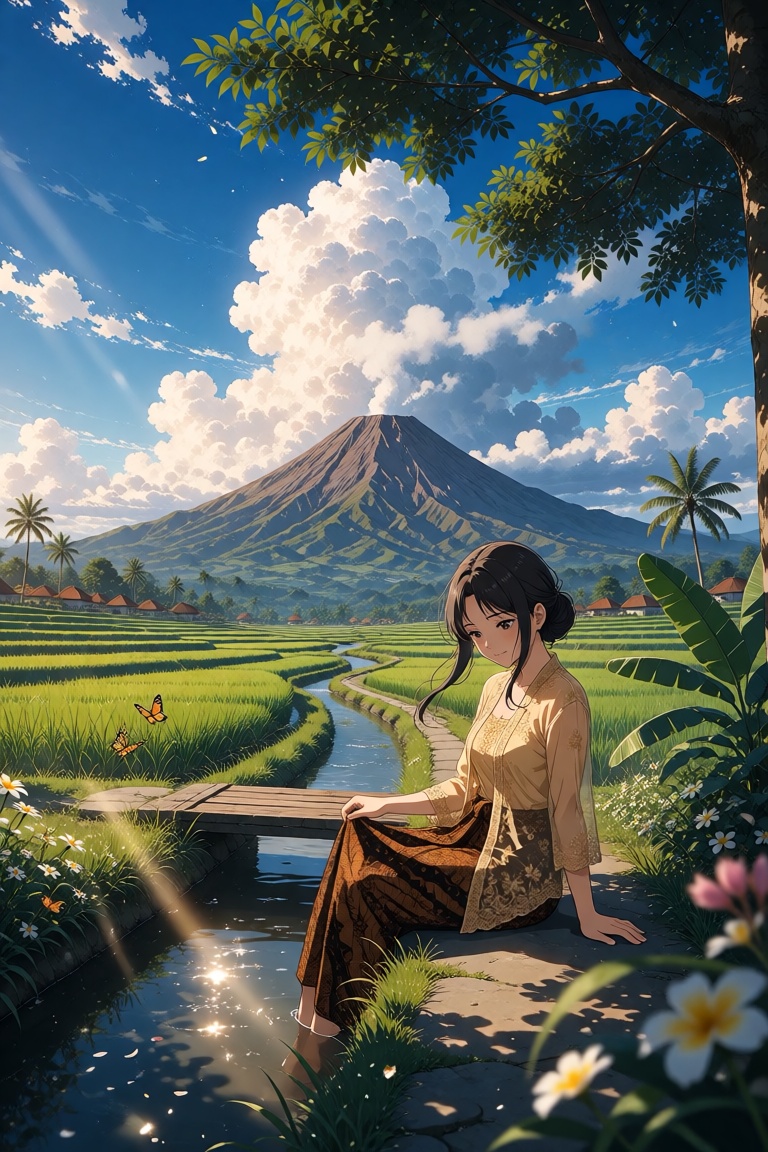 Mount Merapi-inspired landscape,  iconic Javanese volcano,  volcanic cone dominating the horizon on Tensor.Art