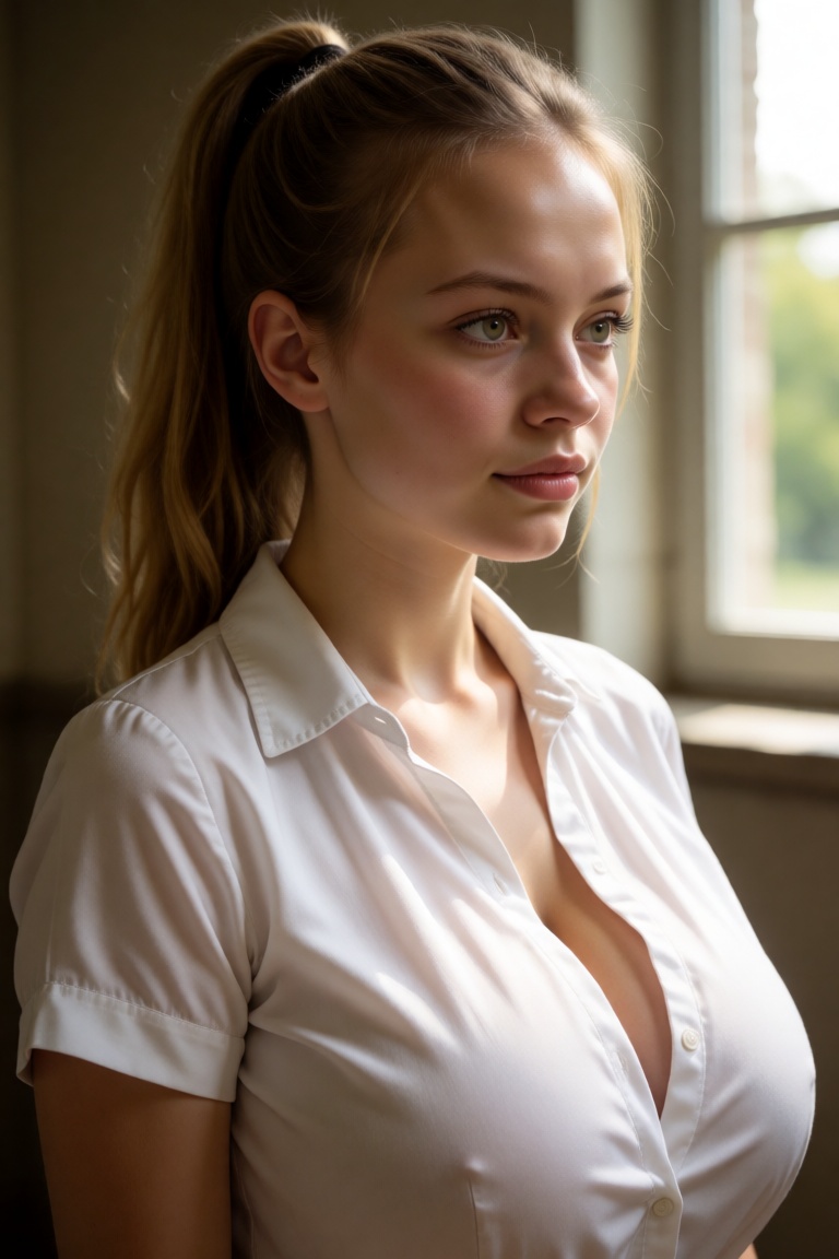 photo of the young woman Guin as a student with ponytail,  natural lighting,  university shy expression on Tensor.Art