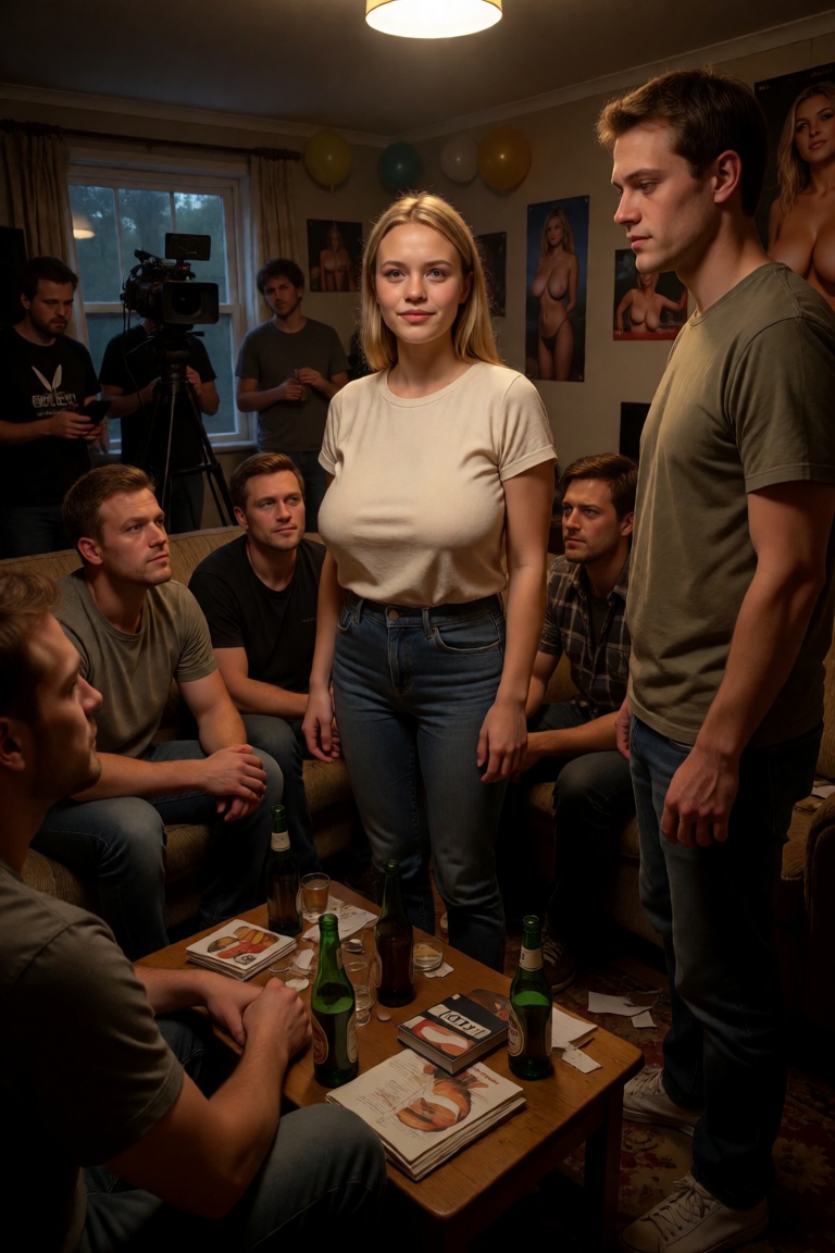 24yo busty Guin,  photorealistic scene,  young woman as a student at a house party on Tensor.Art