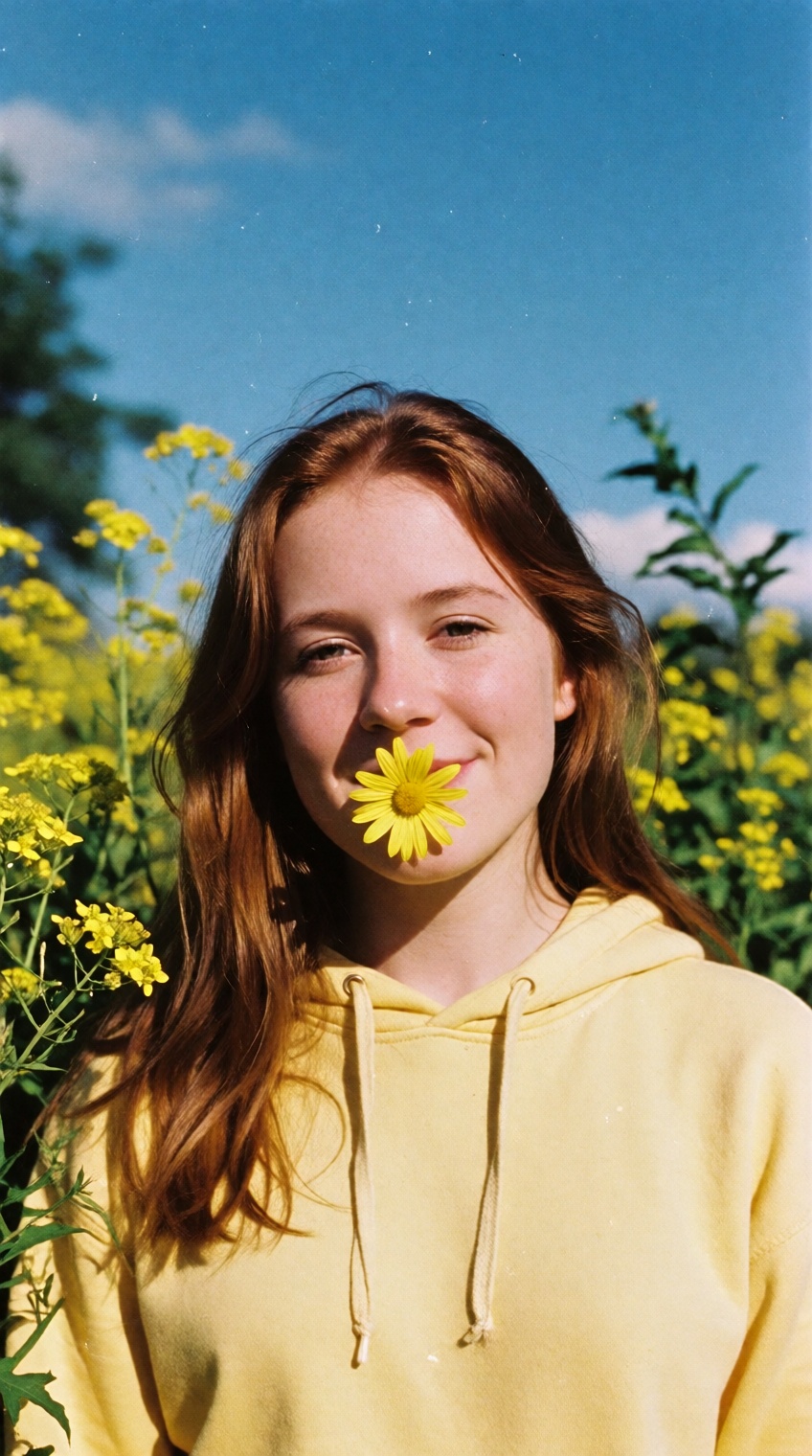 A candid,  sunlit medium close-up portrait of a young woman with long,  reddish-brown hair on Tensor.Art