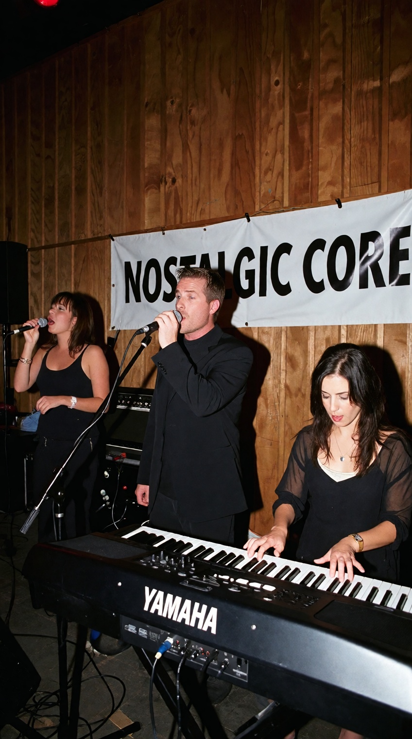 a medium shot of a performance on a stage with wooden paneling. On the left,  a woman in black sings into a microphone. In...