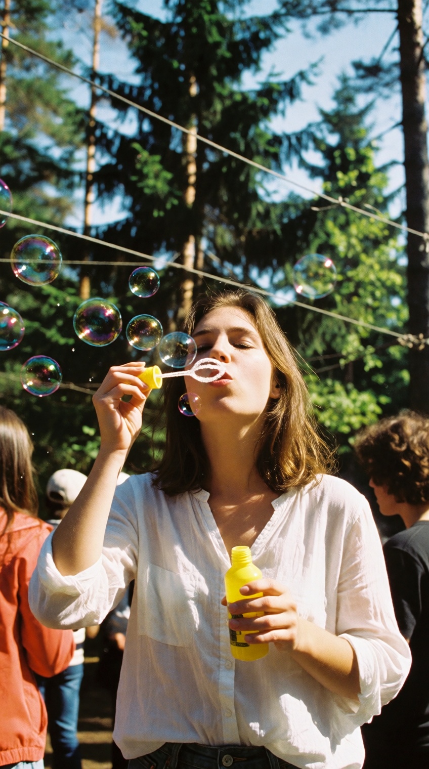 a young woman with shoulder-length brown hair stands in a sun-dappled forest clearing,  blowing bubbles with a yellow bott...