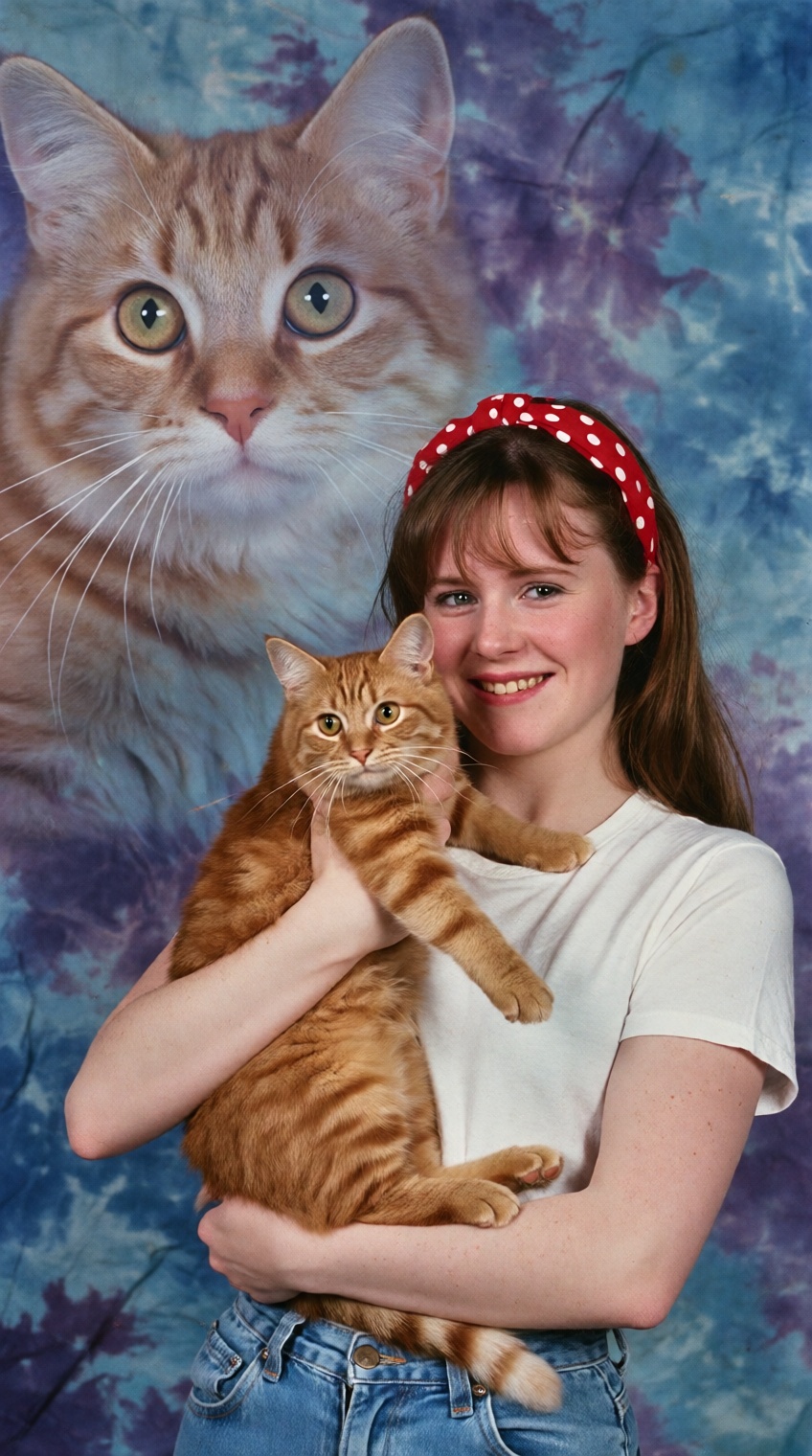 A vintage 1990s department store studio portrait,  Olan Mills style. A young women with red polka-dot headband is smiling...