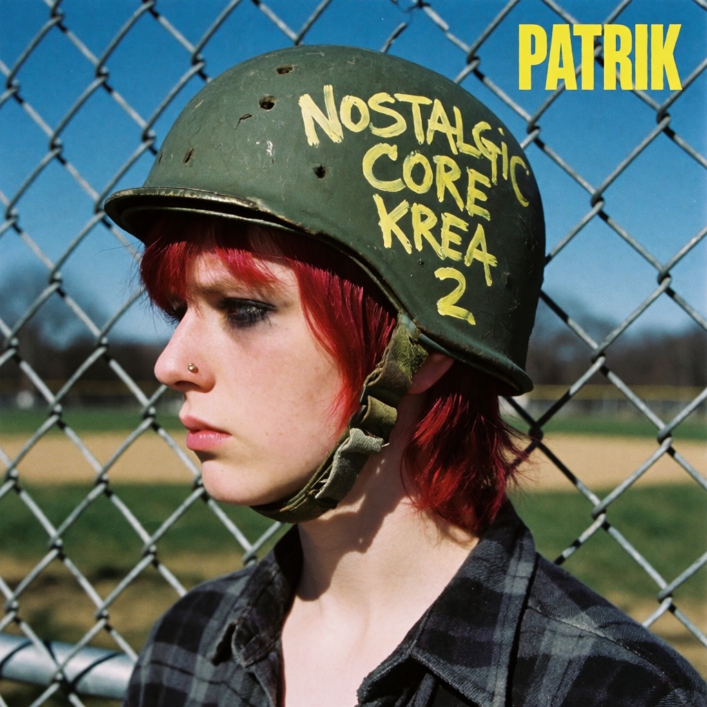 A lo-fi indie punk album cover photograph shot on faded 35mm film,  showing a tight side-profile portrait of a young perso...