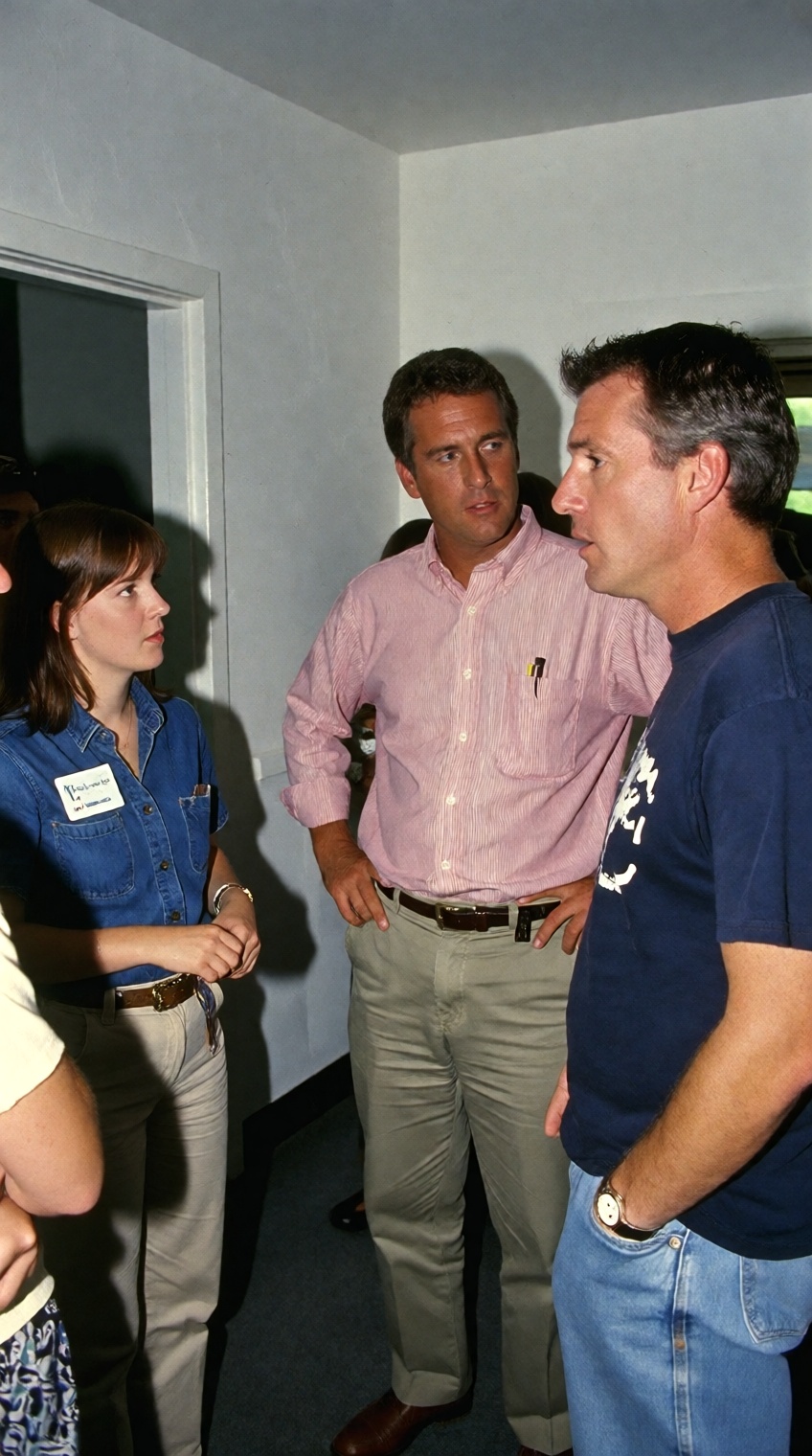 a medium shot of a group of people conversing indoors. A woman in a denim shirt with a name tag stands on the left,  liste...