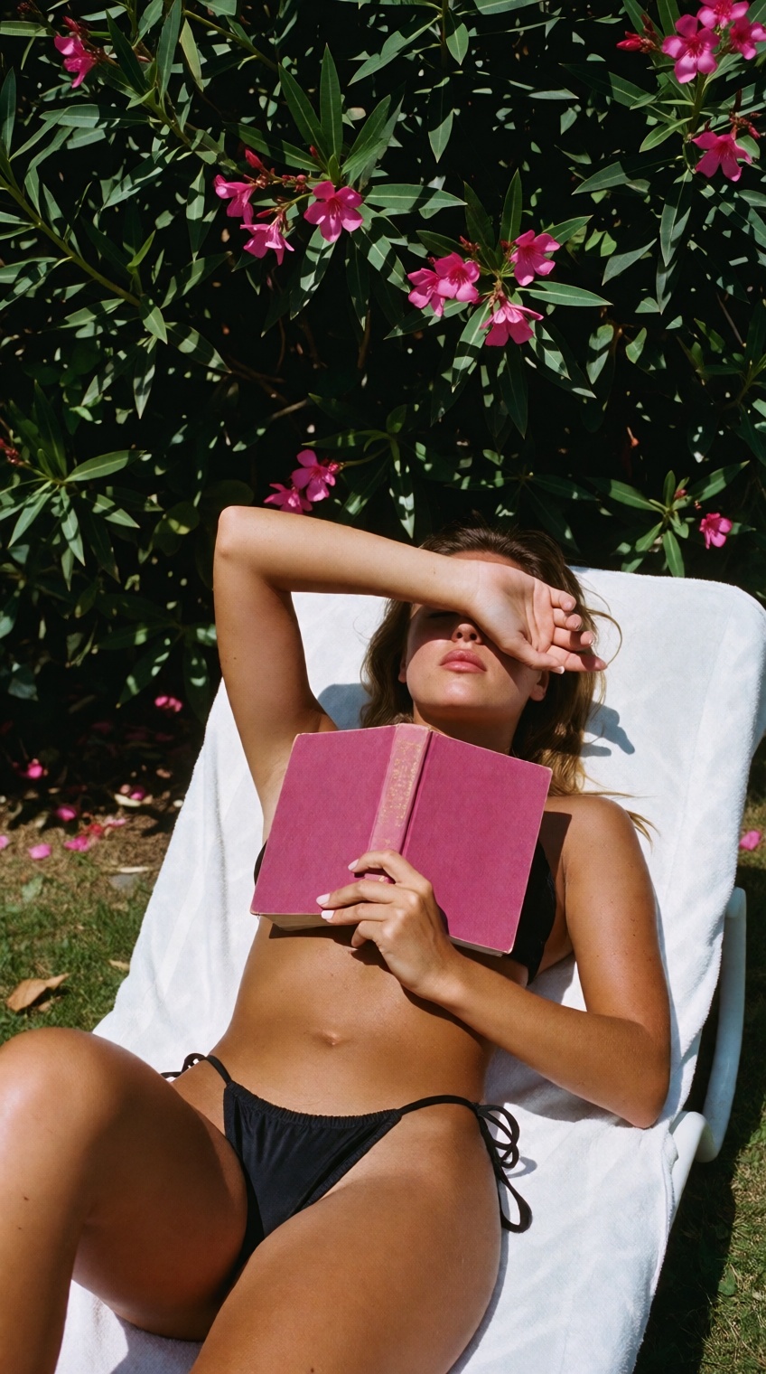 A sun-drenched outdoor shot of a tanned woman lying on a white lounge chair. She has one arm covering her eyes to shield t...
