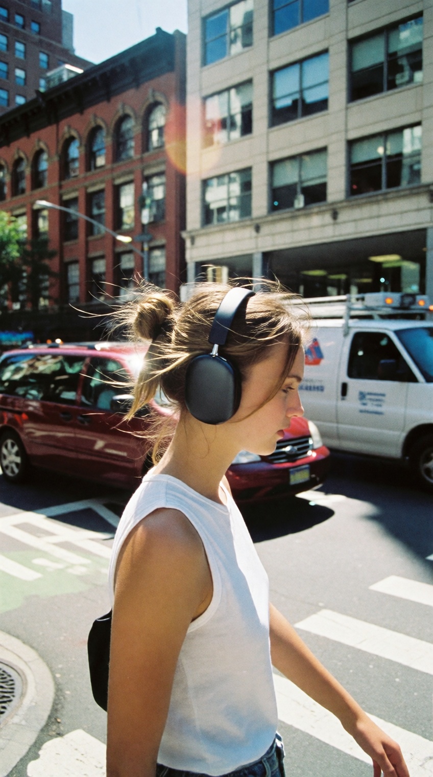 a young woman with light,  windswept hair tied in a messy bun walks across a sunlit city street,  wearing large black over...
