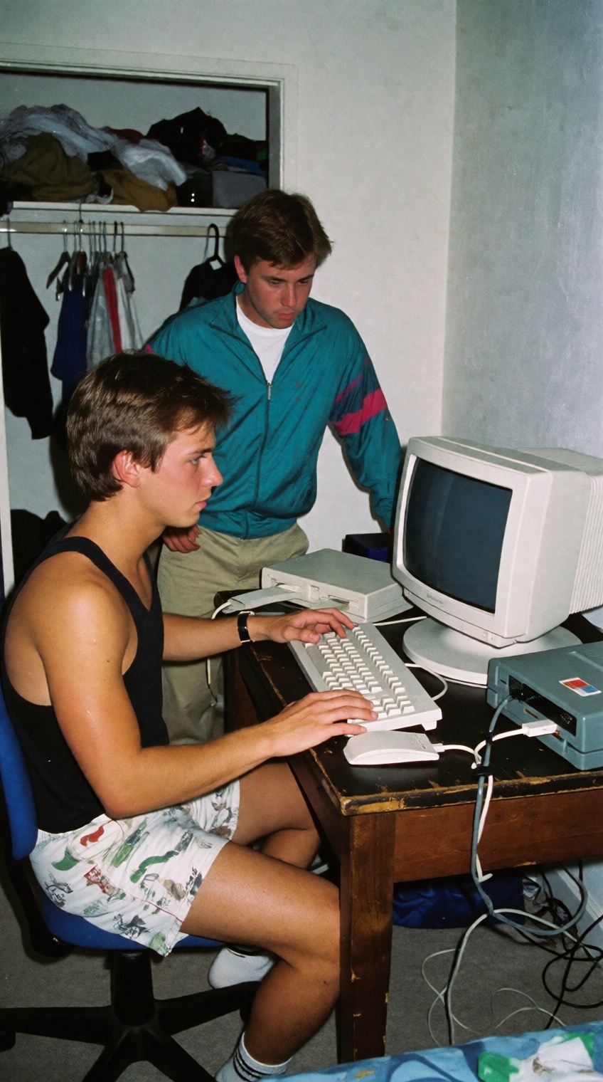 A candid,  authentic medium shot of two young men in a casual indoor setting,  one sitting at a desk with a vintage 1980s...