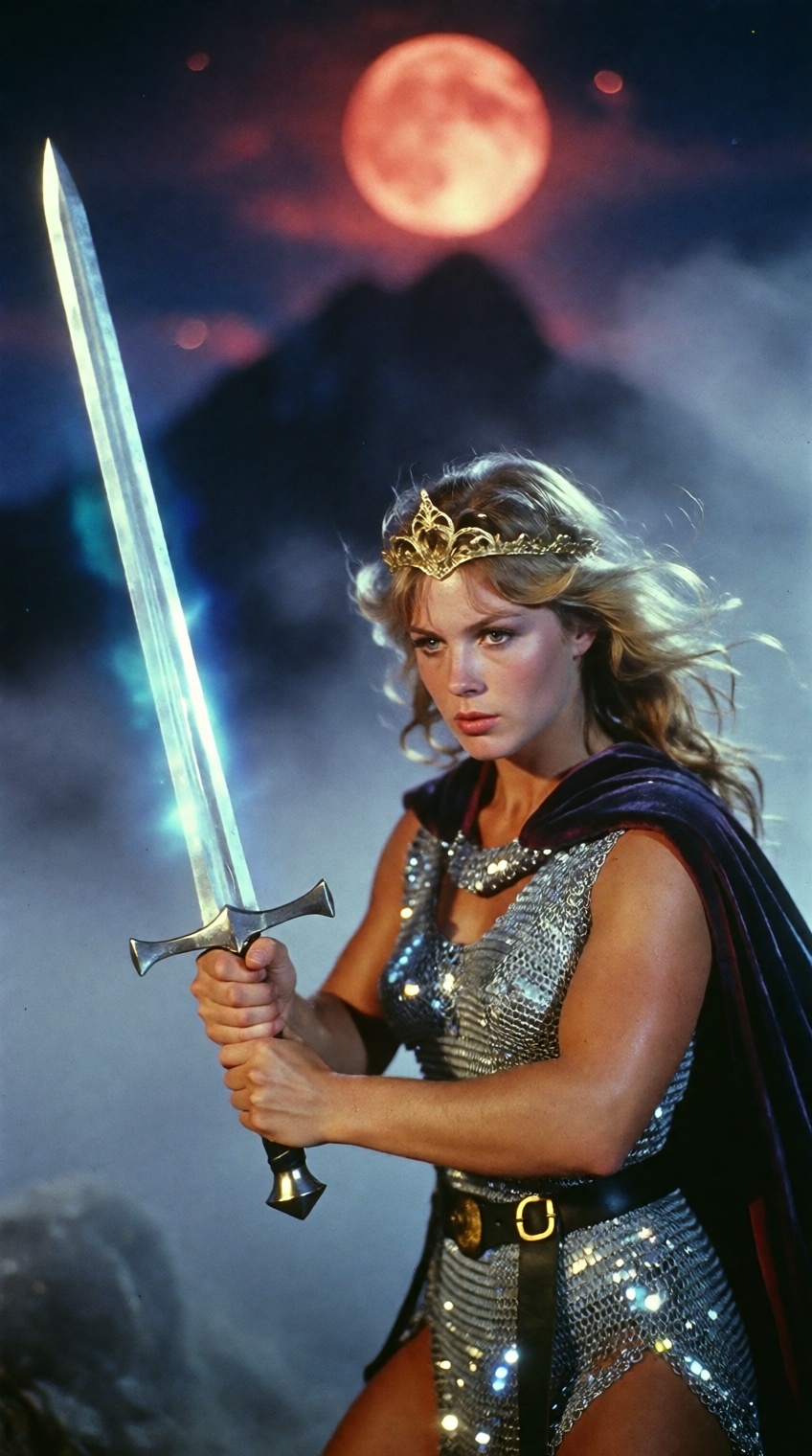 A fantasy warrior woman holds a glowing silver broadsword with both hands,  its blade radiating a soft neon-blue luminesce...