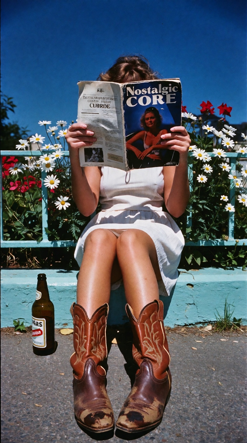 A bright,  sun-drenched outdoor shot with a vintage aesthetic. A woman sits on a low concrete curb with her legs extended...