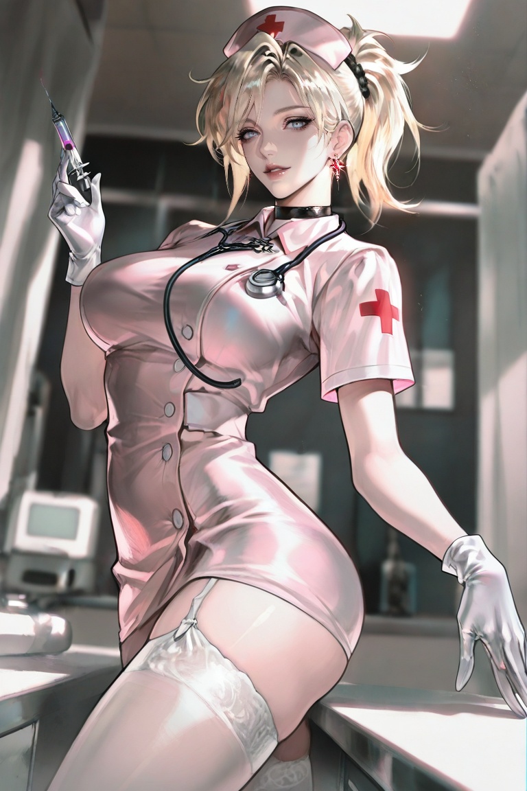 The image depicts a stunning blonde woman,  dressed in a provocative nurse's uniform,  complete with a red cross on her ha...