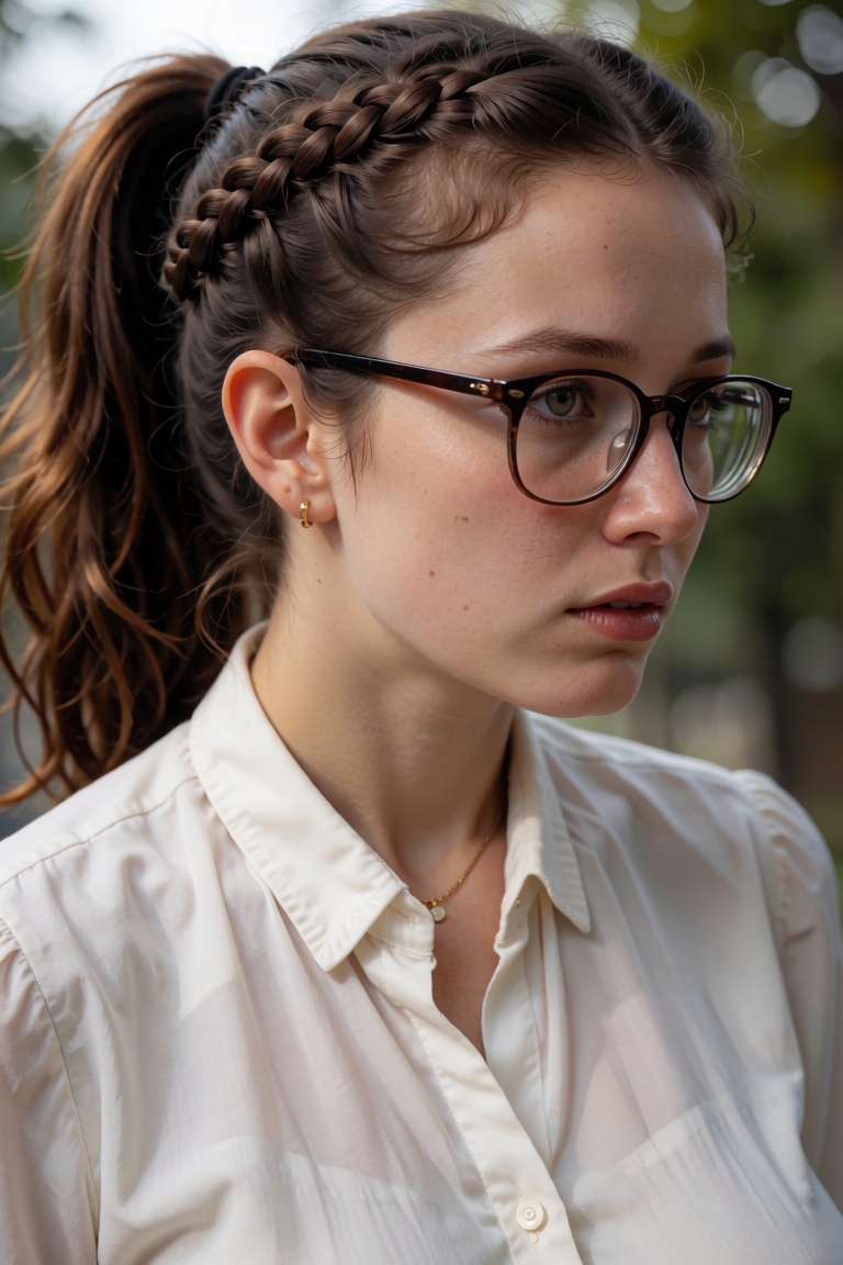 Close up Photo of student Tia,  wearing a white blouse,  glasses and a ponytail on Tensor.Art