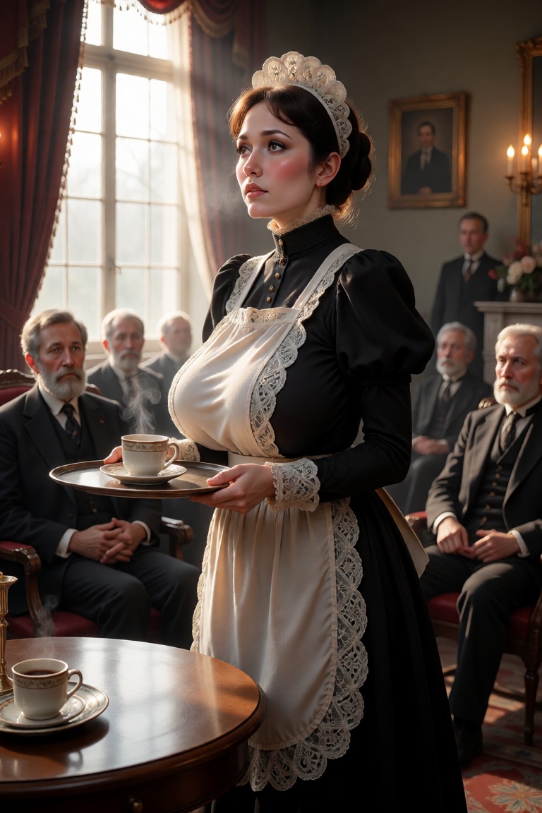 A professional photo of young hugebreasted woman Tia as a French Maid in 19th century. She serves a cuop of coffee. huge b...