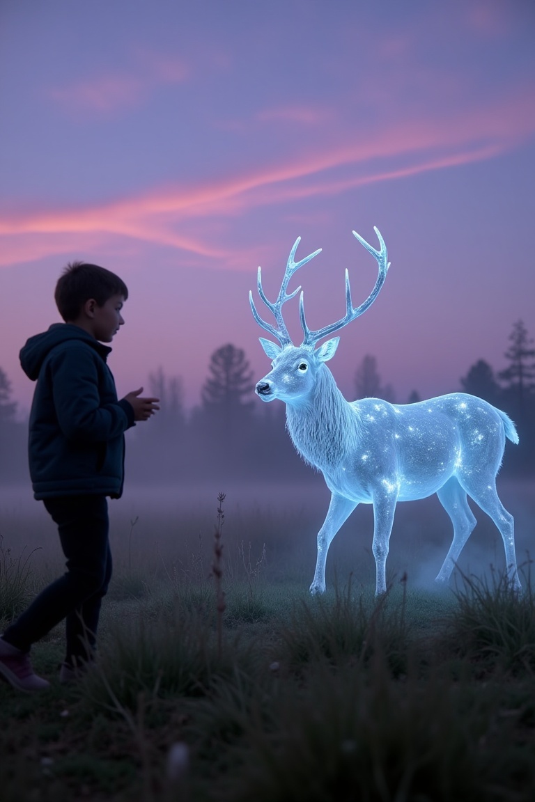A translucent stag made of crystalline light emerges from a fog-drenched meadow,  its antlers refracting faint prismatic g...