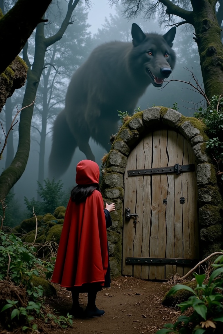 Red Riding Hood stands before a warped wooden door in a fog-soaked forest,  her crimson hood stark against the grey-green...