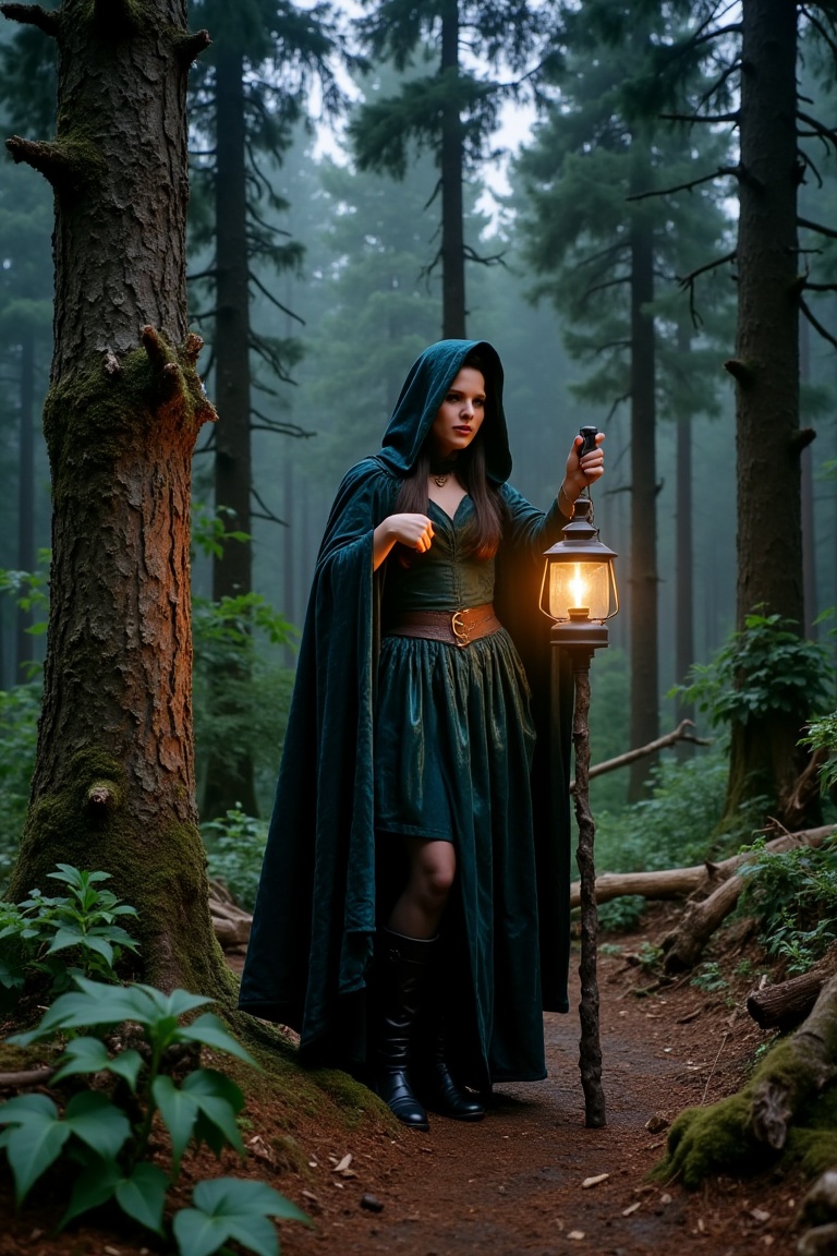 A lone witch stands beneath towering black pines,  her cloak shimmering like crushed velvet,  mist curling around her boot...