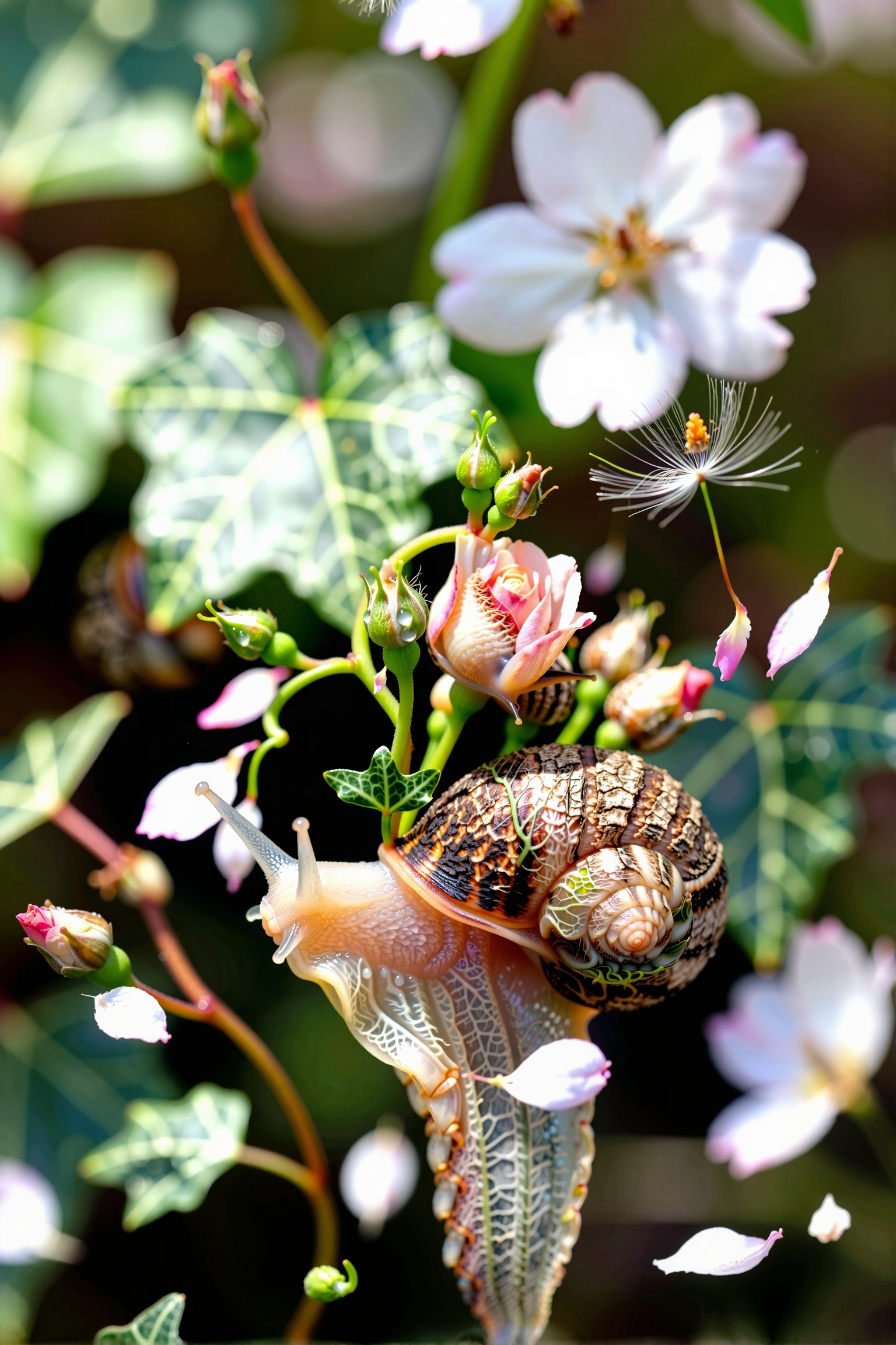 A snail with bark-textured hide—deeply grooved,  fibrous,  and earthy—sprouting tender green buds and a delicate crown of...