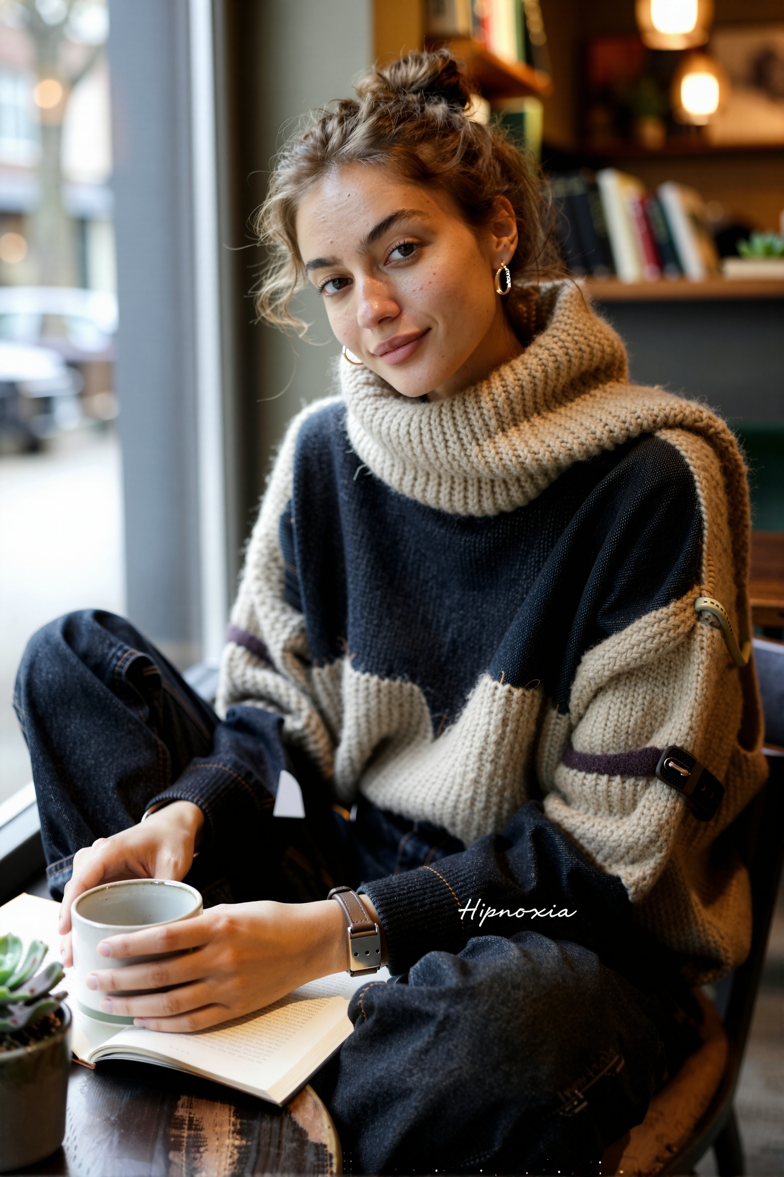 Medium close-up,  slightly tilted high angle,  handheld smartphone aesthetic: young woman with natural features seated at...