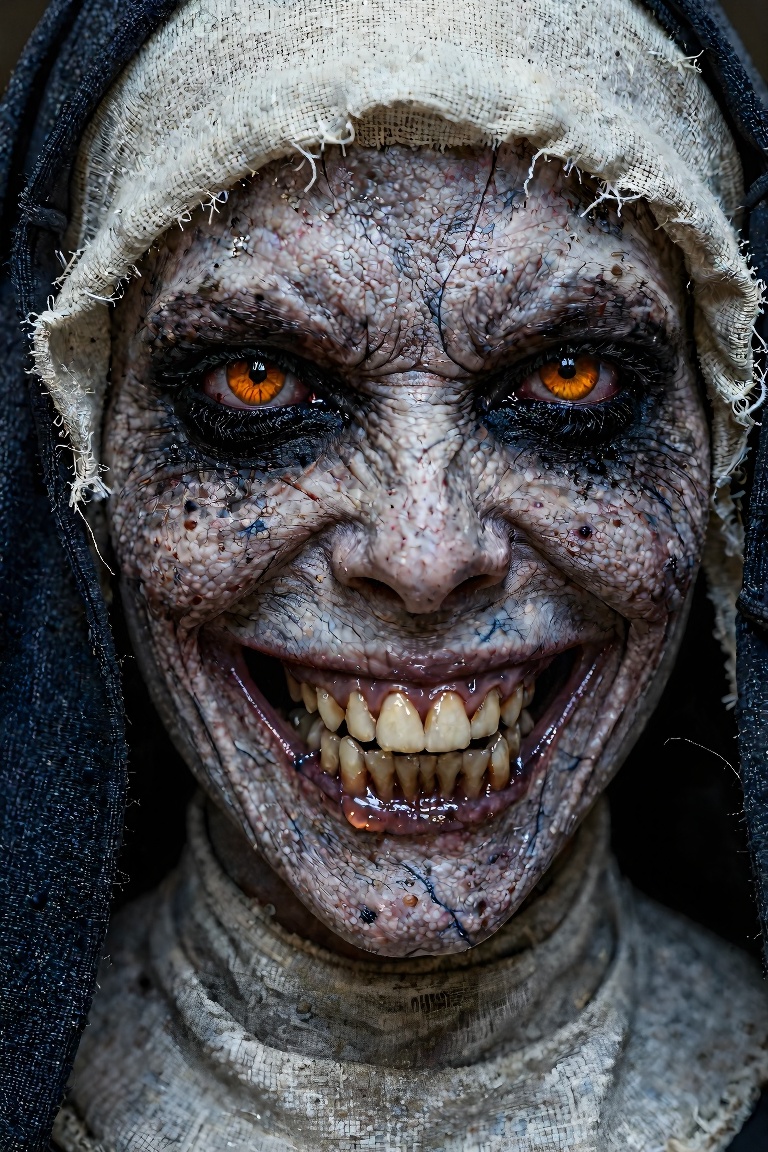 Hyper-detailed macro close-up photography of a terrifying demonic nun. Extremely detailed weathered pale-grey skin with vi...