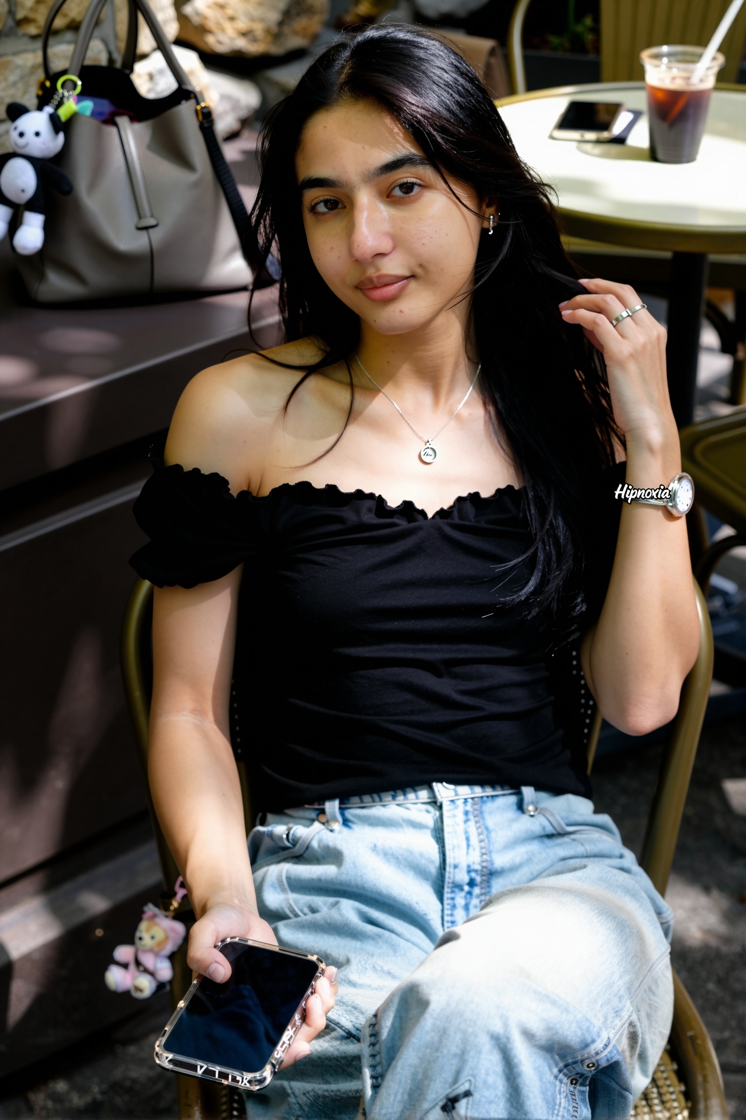 Medium close-up,  slightly tilted high angle,  handheld smartphone aesthetic: young woman matching exact reference feature...