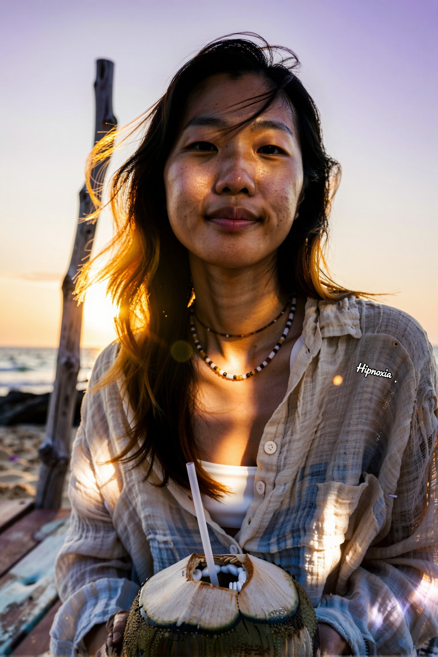 Medium close-up,  low-angle look-up,  handheld smartphone aesthetic: young Asian woman with natural features seated on a w...