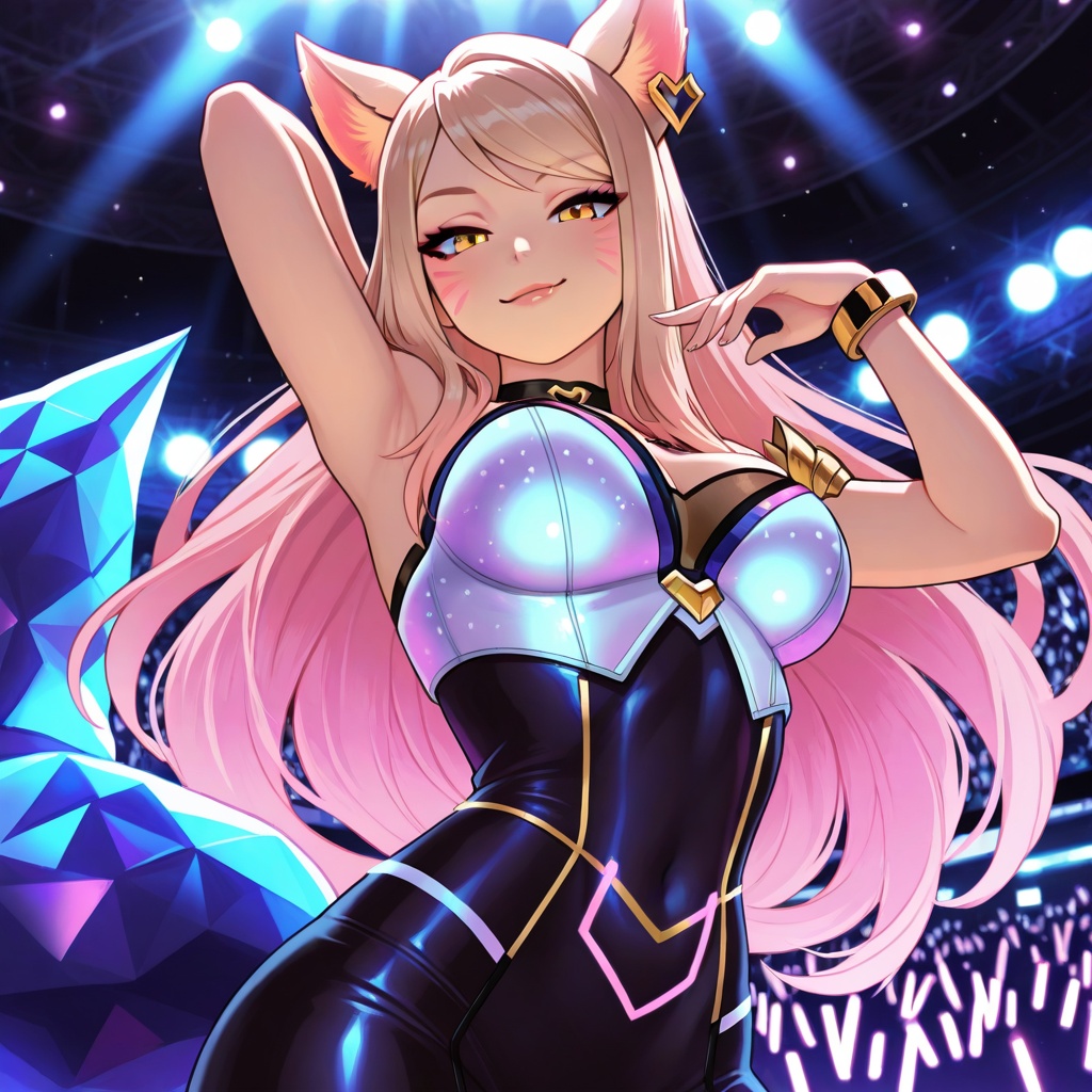 Full-body portrait of K/DA Ahri,  vibrant neon-lit stage backdrop with holographic effects,  dynamic low-angle shot on Ten...