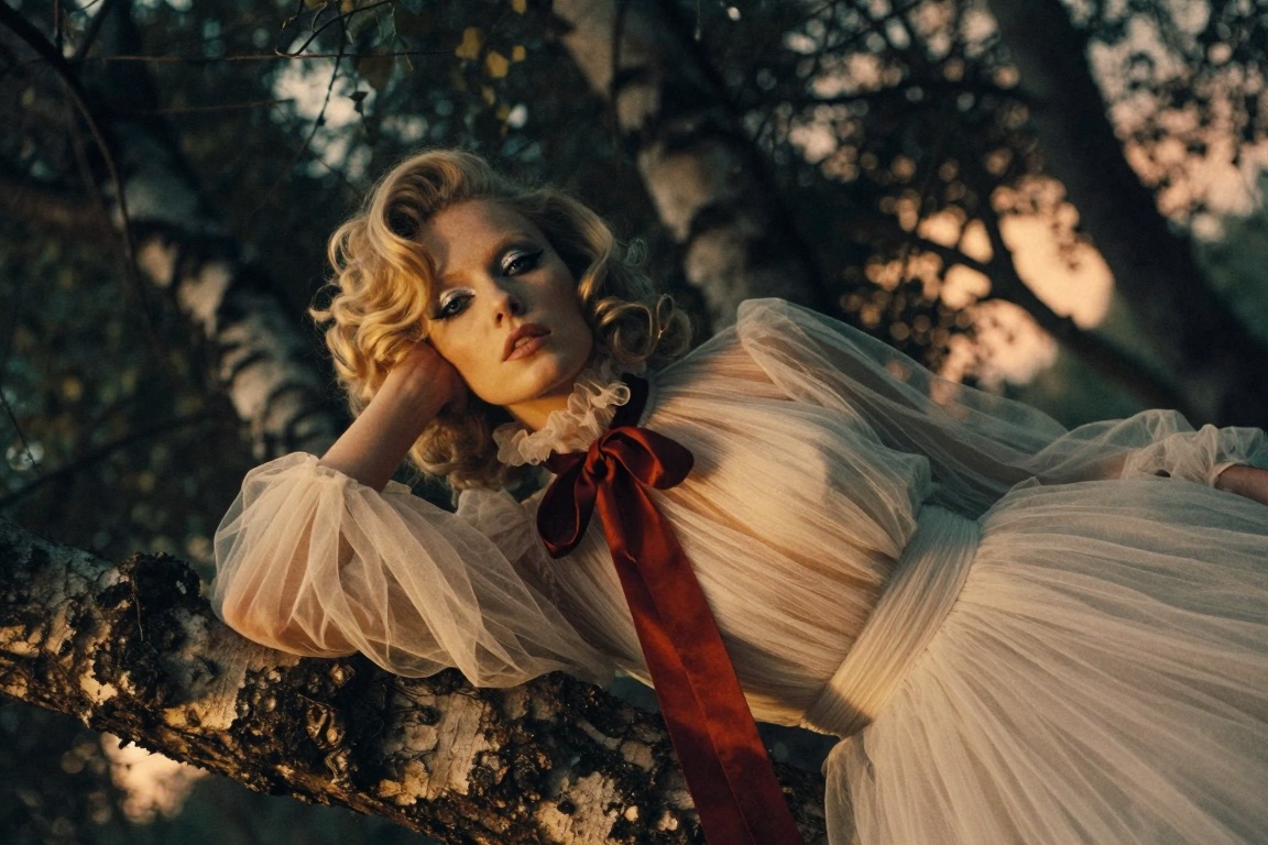 A low-angle cinematic film shot of a pale-skinned supermodel,  captured in a dramatic low-angle perspective. She lying on...