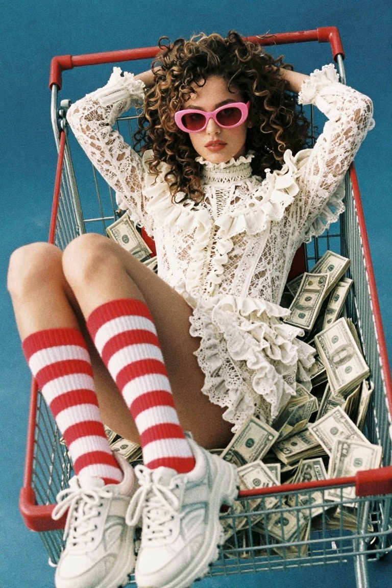 High-angle portrait of a young woman lying inside a red and silver metal shopping cart overflowing with stacks of dollar b...