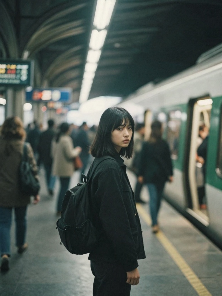 The image is a photograph taken inside a busy train station. The photo is slightly blurred,  likely due to a slow shutter...