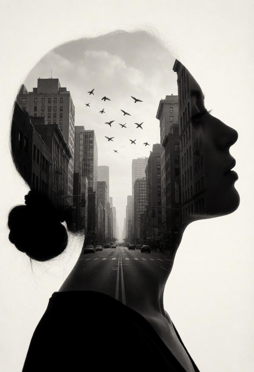 silhouette of a woman head,  within which there appears to be a cityscape with buildings. (birds FLY BETWEEN BUILDINGS,  I...