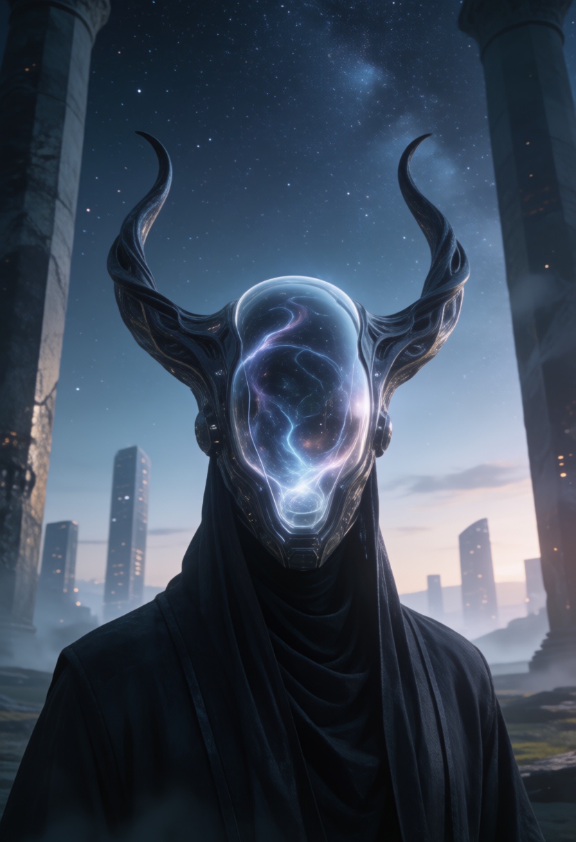 Cinematic,  futuristic scene featuring a close-up portrait of a mysterious figure wearing a dark,  flowing robe. The figur...