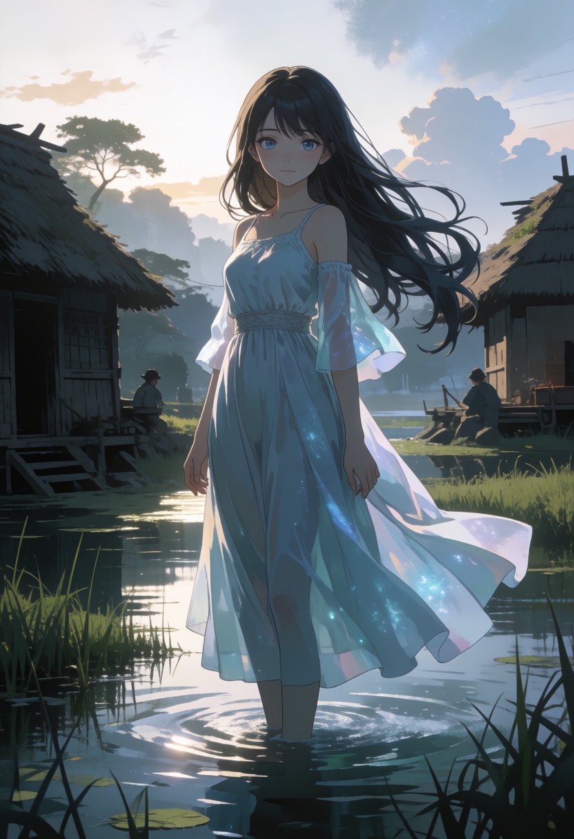 anime style,  2d,  An atmospheric anime of a beautiful woman wearing etheral dresss on Tensor.Art