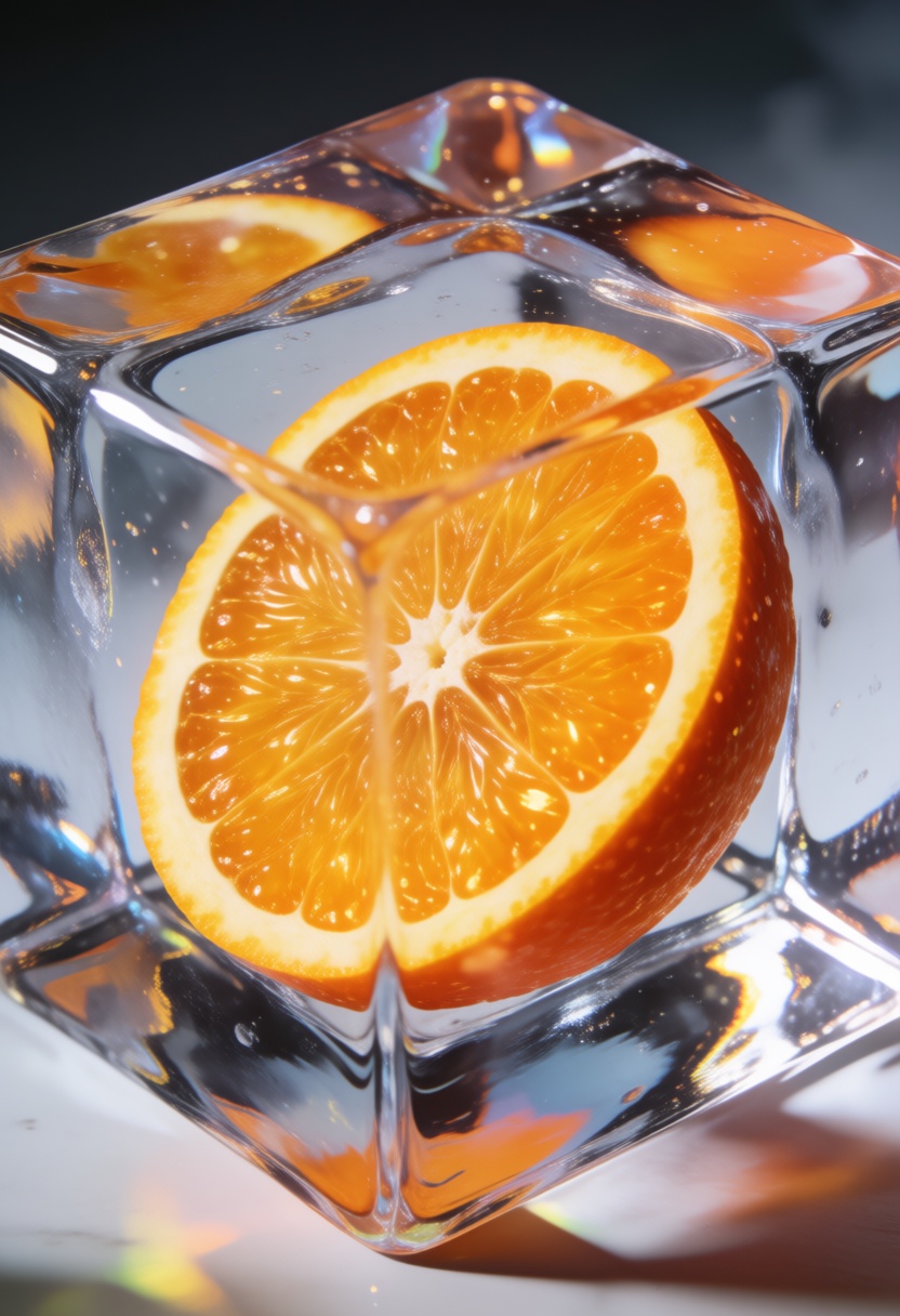 3D render,  realistic,  shining orange slice inside faceted ice cube on Tensor.Art