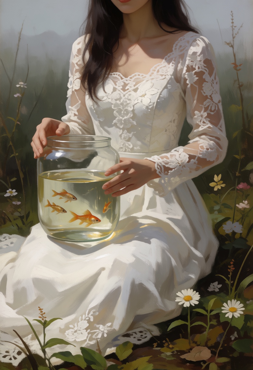 digital paint of a person sitting in lace wedding dress and holdint a **** with gold fish in a natural setting,  likely a...