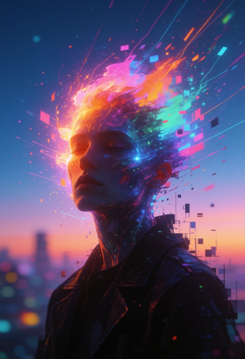 A surreal and glitch-inspired depiction of a figure with their head dissolving into a vibrant explosion of colorful light...