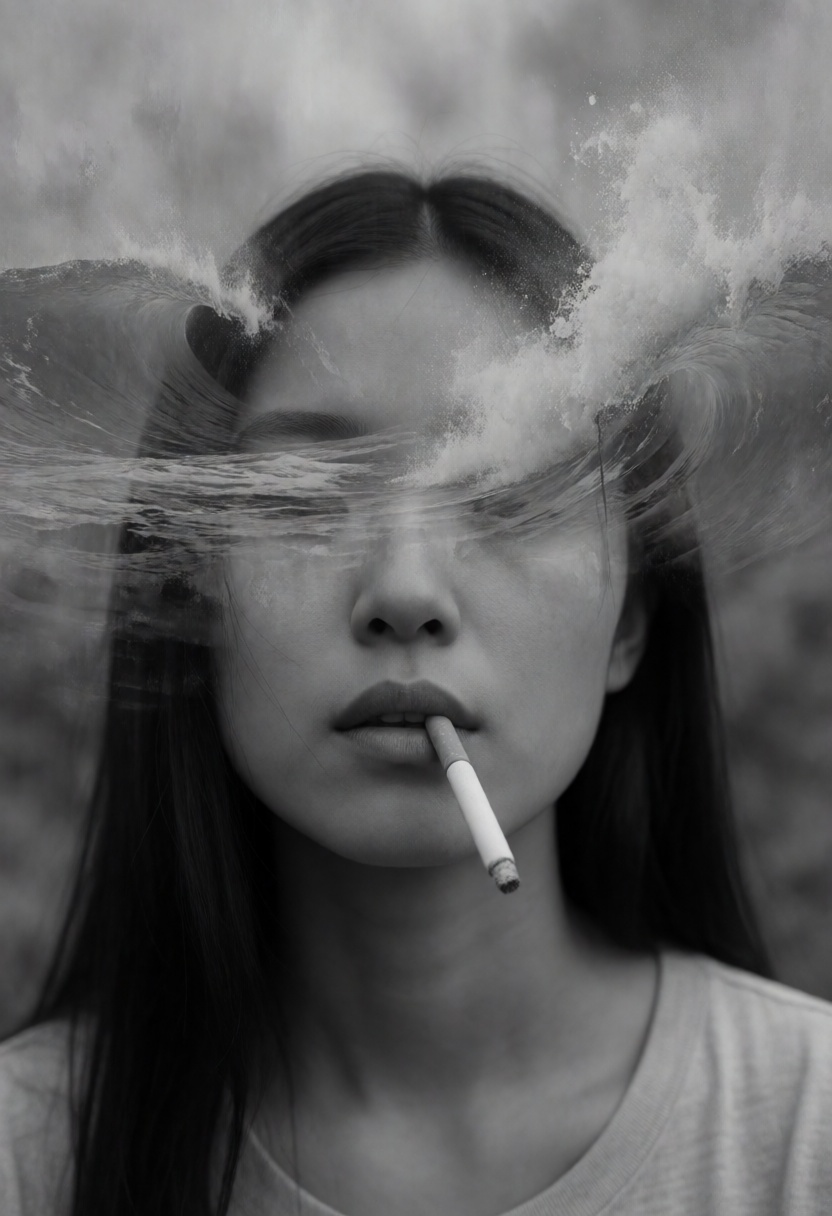 A surreal artwork showing a asian woman face with a cigarette in their mouth. upper face is obscured by what looks like a...