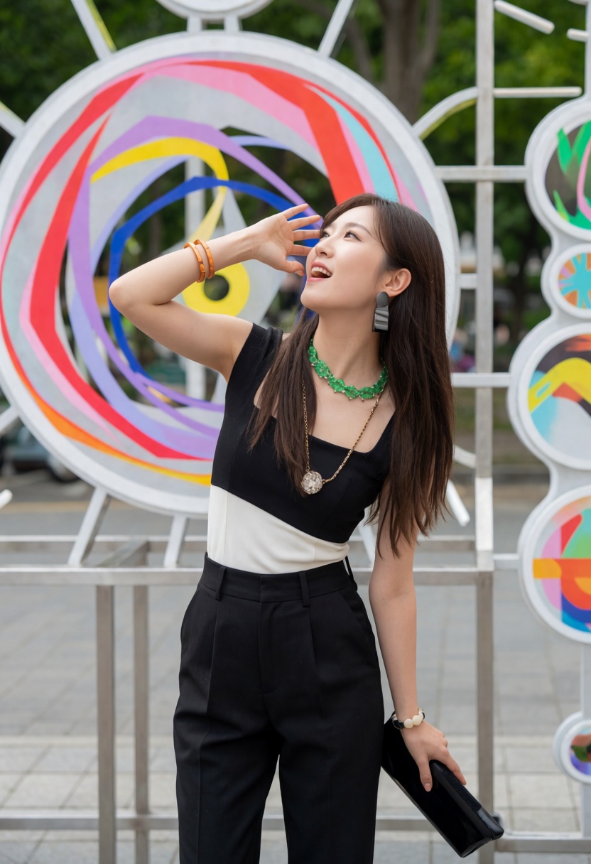 Create a photo of a 23-year-old Korean woman standing in front of a modern art installation during the day. She is dressed...