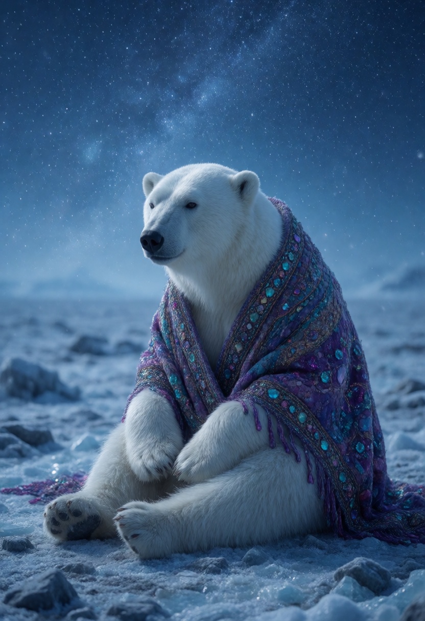 In this captivating realistic shot,  an anthropomorphic polar bear dressed in a richly textured,  jewel-toned shawl sits c...
