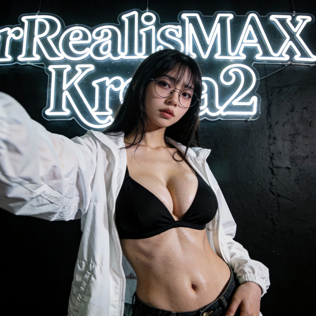 grainy noisy photography in extreme low-angle taken from below shot,  selfie-style shot of a sweaty from her chest to her...