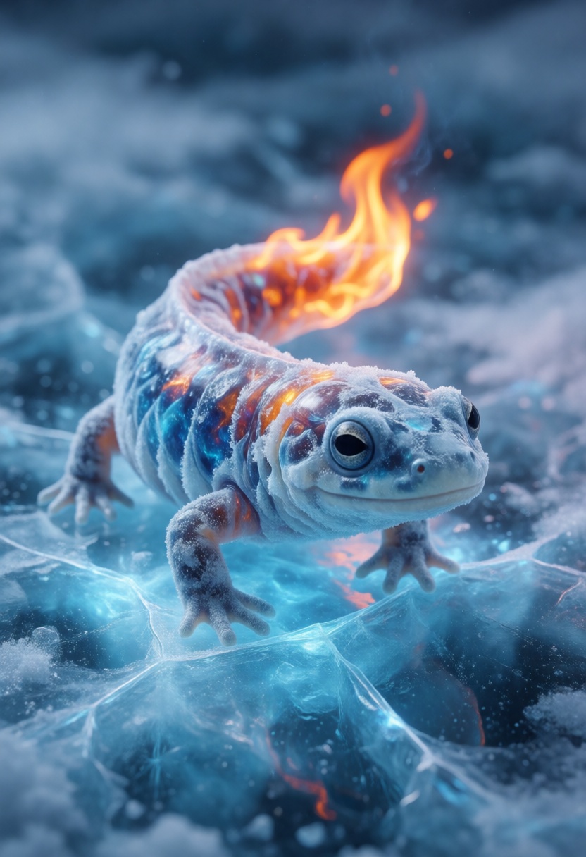 An adorable,  hyper-stylistic ice salamander stands on a sheet of cracked ice,  its body a mesmerizing fusion of frosty bl...