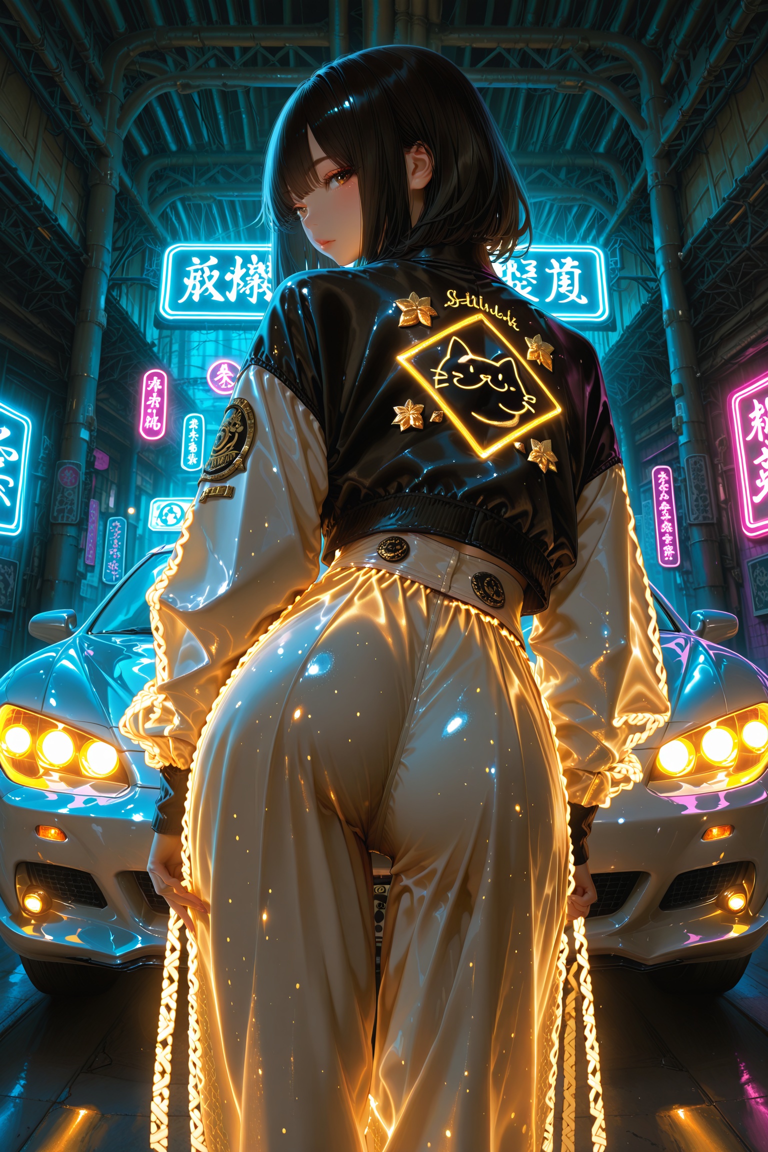 A hyper-realistic full-body portrait of a Japanese woman seen from behind,  centered composition,  low-angle shot emphasiz...